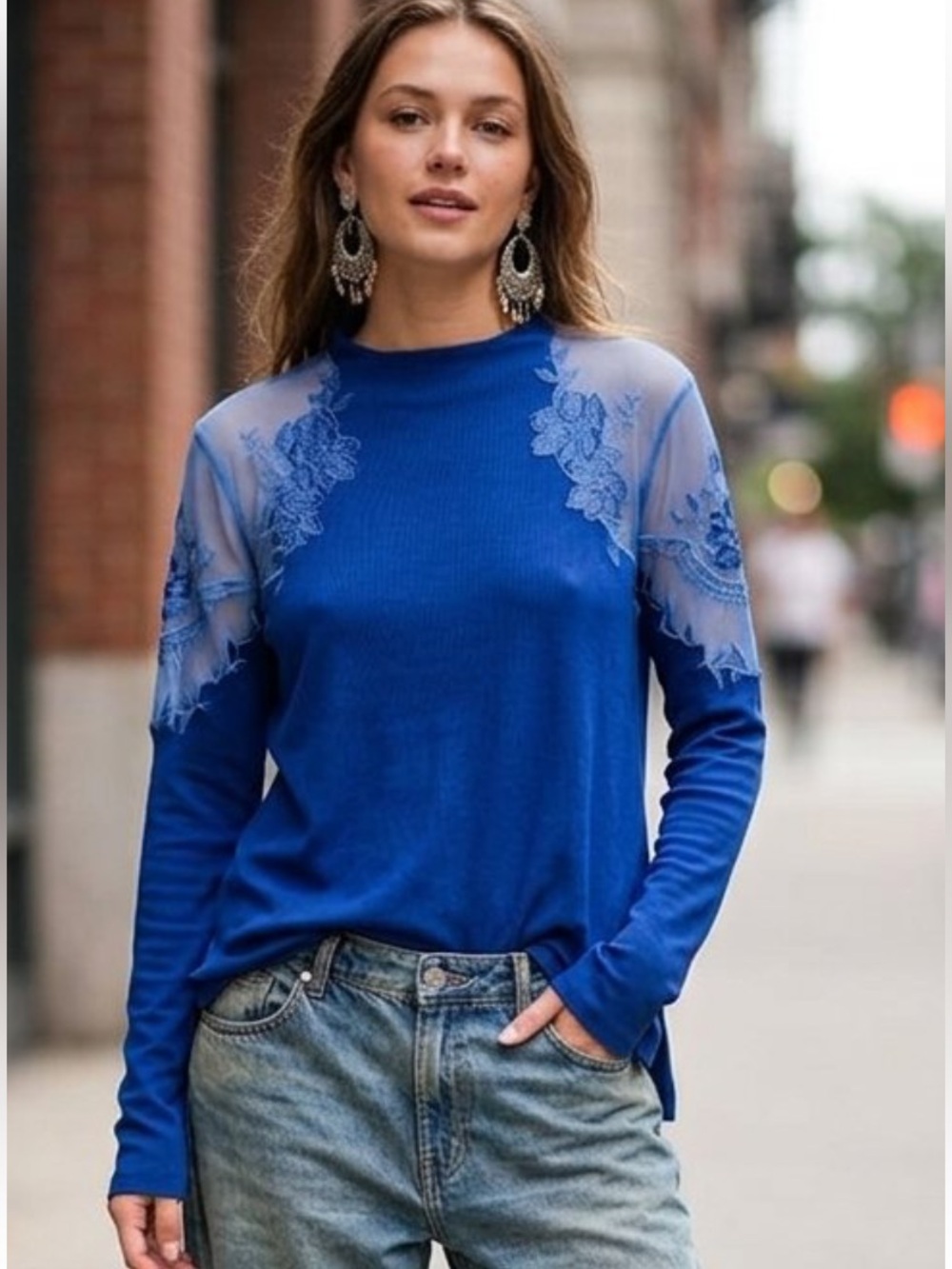 Free People Ribbed Knit Embroidered Lace Tunic Sweater Medium High Neck Fairy